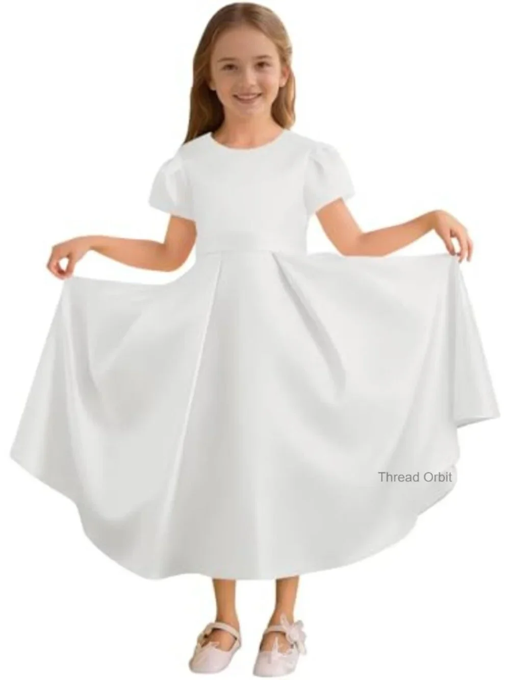 Satin Flower Girl Dress Puff Sleeve Junior Bridesmaid Bow Pageant Wedding Gown